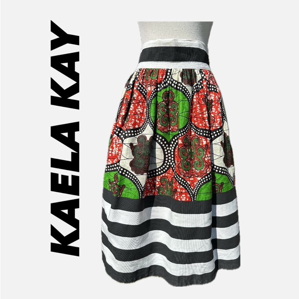Kaela Kay Essie Millie stripped skirt women’s high waisted size 4, green/red/blk